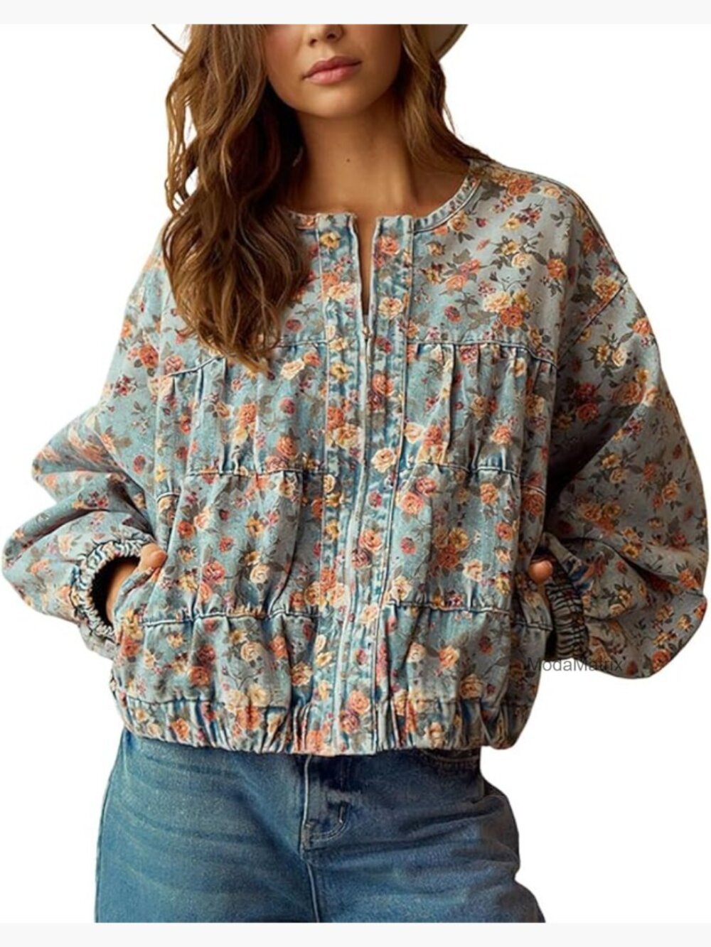 Womens Oversized Floral Denim Bomber Jacket Y2K Lightweight Jean Coat